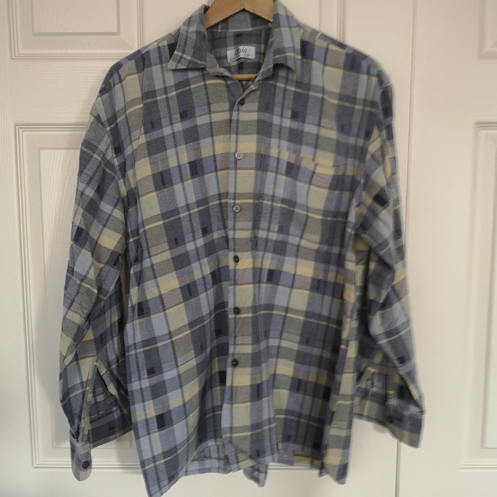Vintage Flannel Shirt Plaid in Lemon Yellow and Grey Blue